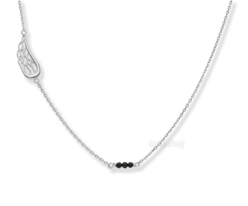 Łańcuszek srebrny ze skrzydełkiem i czarnymi koralikami - spinel i srebro próby 925
