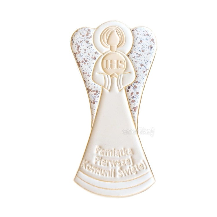 Anioł - pamiątka I Komunii Świętej wykonany z ceramiki, do powieszenia