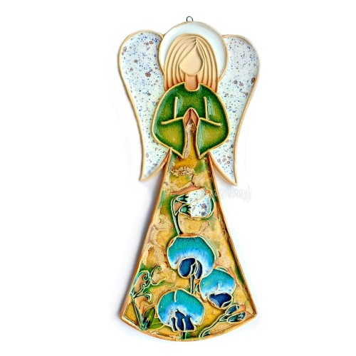 Ceramiczny duży anioł z pachnącym groszkiem w kolorze turkusowym