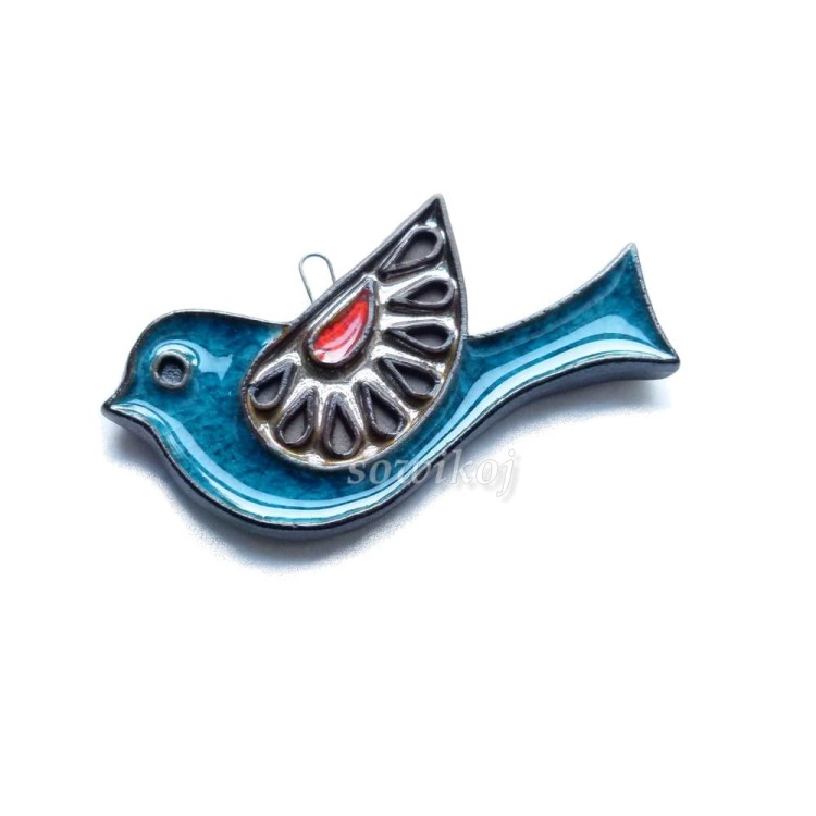 Mały ptaszek ceramiczny z miedzianym wykończeniem