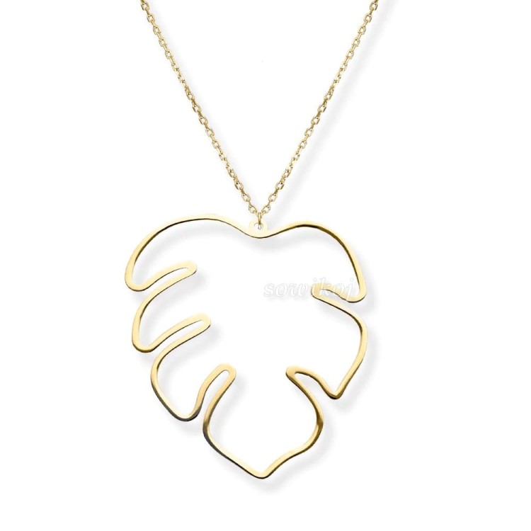 Łańcuszek z zawieszką - liść monstery - srebro pozłacane