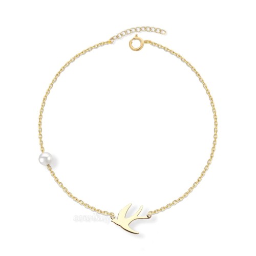 Bransoletka ze srebra 925 pozłacana 24k złotem z perłą - Gołąbek pokoju