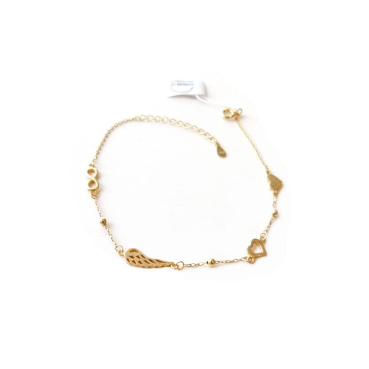 Srebrna pozłacana bransoletka z zawieszkami - skrzydło, nieskończoność i serce