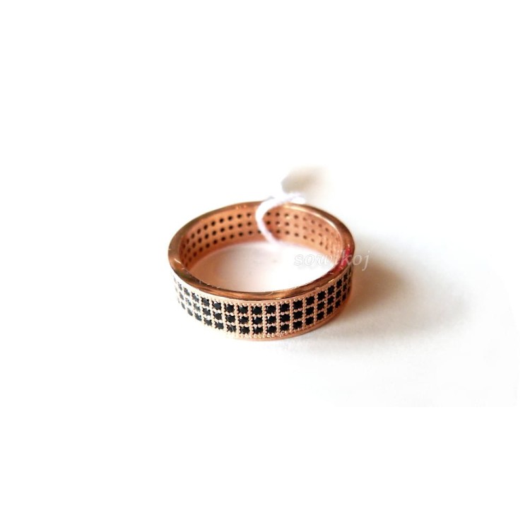 Obrączka srebrna pozłacana różowym złotem z czarnymi cyrkoniami