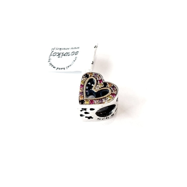 Kolorowe cyrkonie - charms serce srebro 925