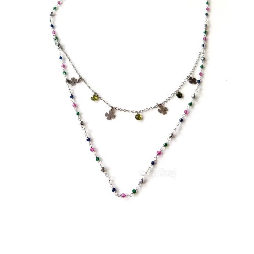 Srebrny łańcuszek podwójny z kolorowymi cyrkoniami