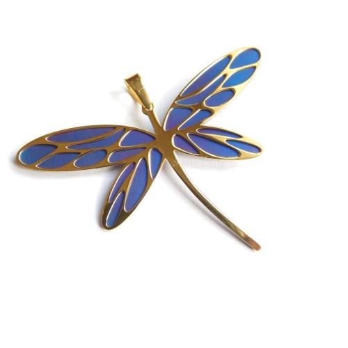 Duża ważka - srebro 925 pozłacane oraz opalizowany termicznie tytan na skrzydłach