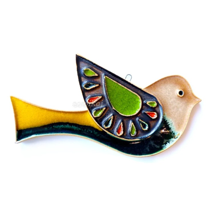 Ptaszek ceramiczny duży zielono żółty