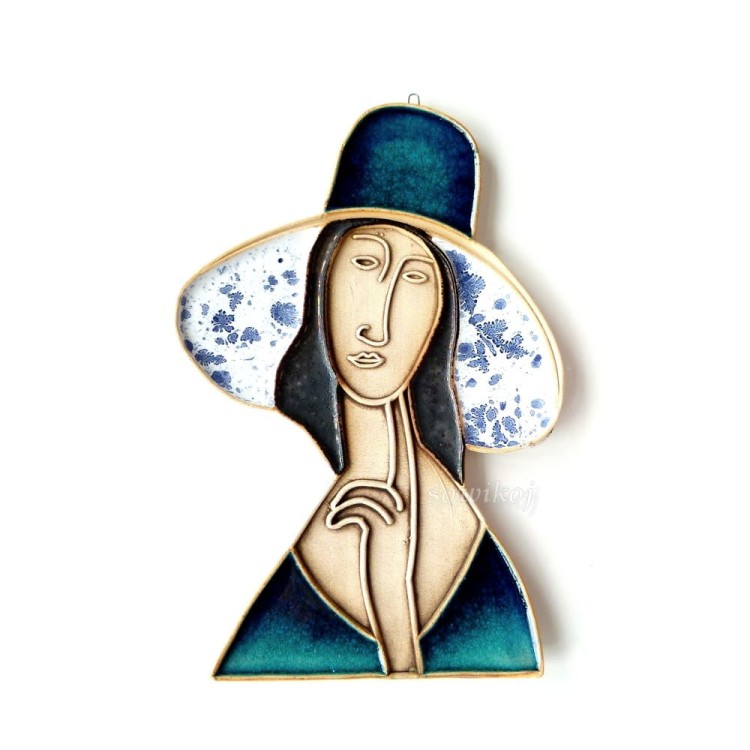 Modigliani - kobieta w kapeluszu - figurka panel ozdoba do domu - ceramika szkliwiona
