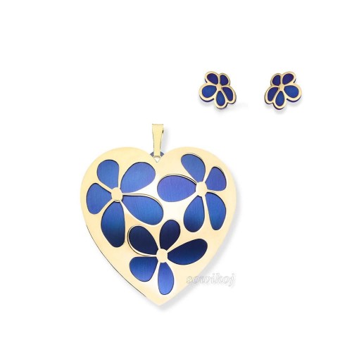 Serce zawieszka na łańcuszek - opalizowany termicznie tytan i pozłacane srebro