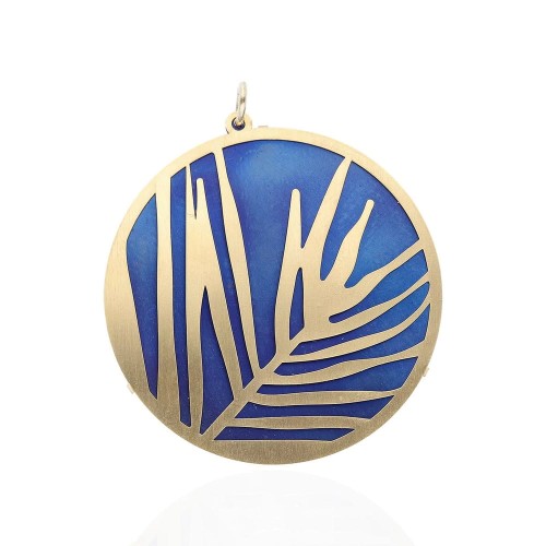 Wisiorek - koło z lisciem palmy - niebieski i pozłacane srebro