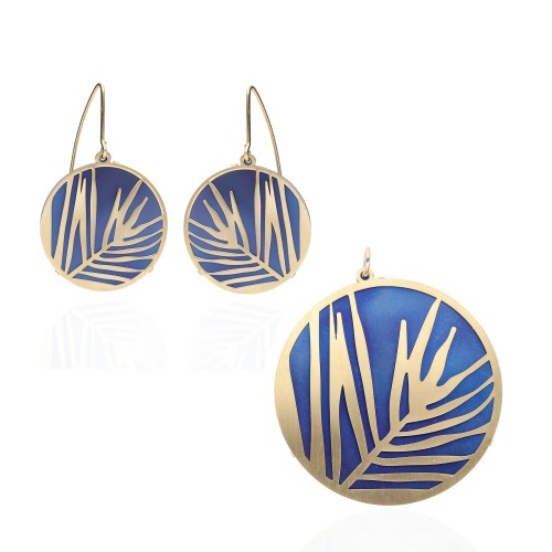 Komplet biżuterii tytan i srebro pozłacane - koła z palmą