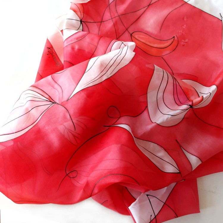 Duża czerwona apaszka jedwabna ręcznie malowana