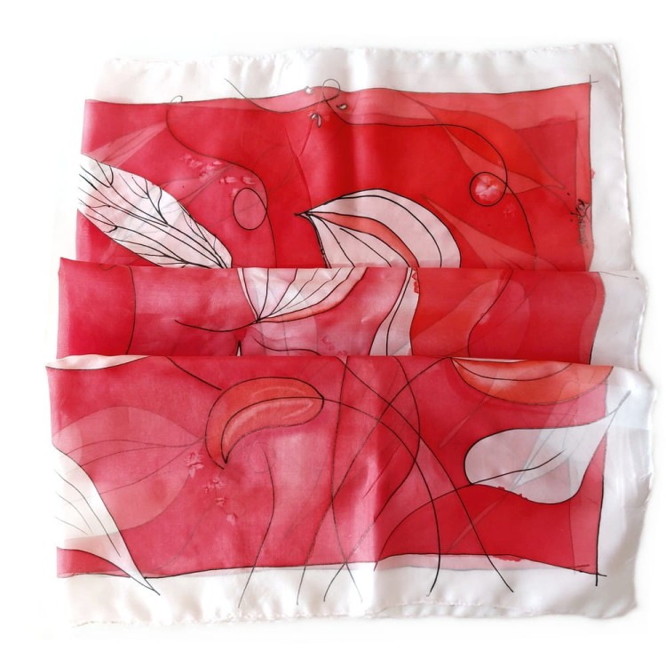 Czerwona apaszka jedwabna malowana ręcznie w abstrakcyjne liście