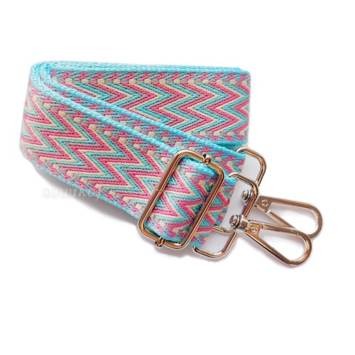 Wymienny pasek do torebki na ramię  z regulacją zygzak mięta z różem, odpinany z karabińczykami