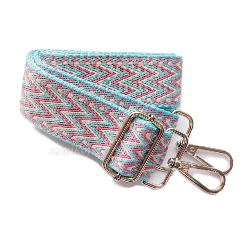 Wymienny długi pasek do torebki na ramię  z regulacją - mięta z różem, odpinany z 2 karabińczykami