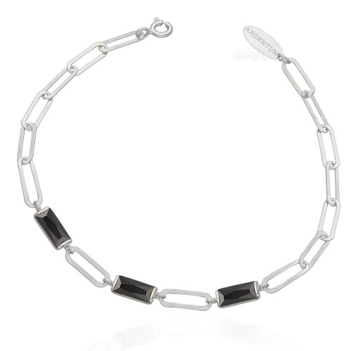 Srebrna bransoletka z podłużnymi ogniwkami i 3 czarnymi kryształkami - prostokąciki