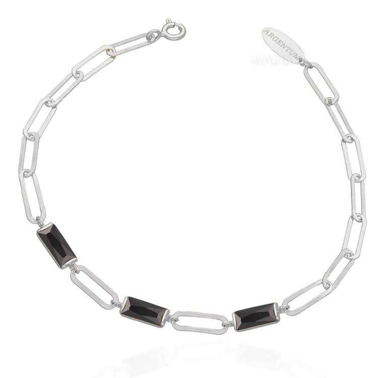Srebrna bransoletka z podłużnymi ogniwkami i 3 czarnymi kryształkami - prostokąciki