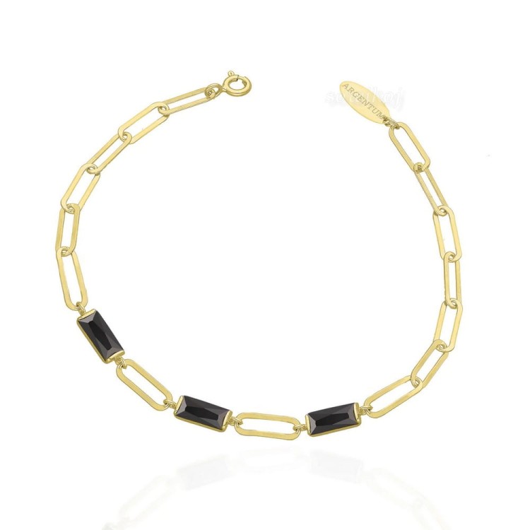 Prostokąciki - srebrna pozłacana bransoleta z czarnymi kryształami w kształcie prostokątnym
