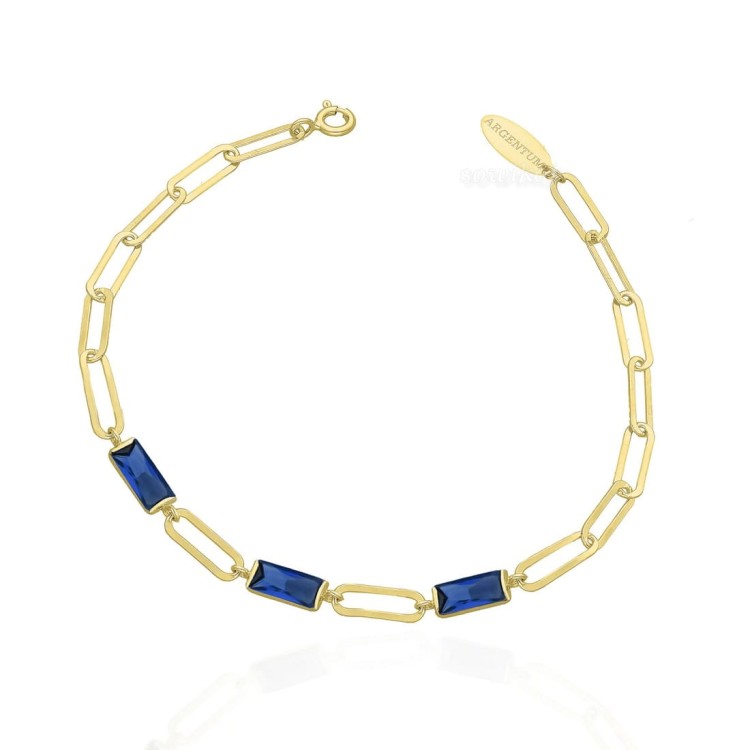 Srebrna pozłacana bransoletka z dużymi ogniwkami i niebieskimi cyrkoniami