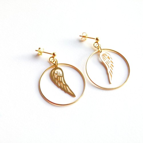 Srebrne pozłacane kolczyki koła ze skrzydłami - wiszące