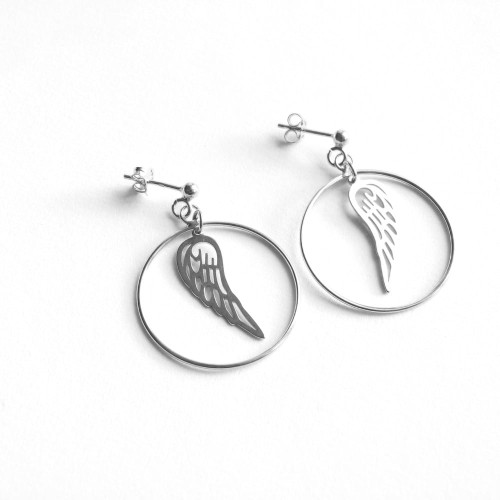 Kolczyki wiszące skrzydła w kole srebro 925