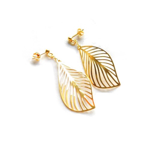 Kolczyki wiszące długie skręcone liście - srebro 925 pozłacane