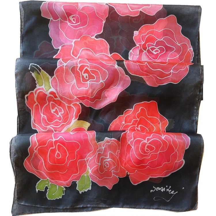 Apaszka jedwabna - szal 180x45 cm recznie malowana w róże