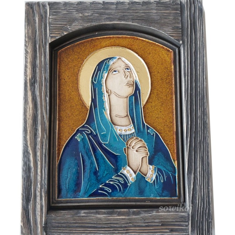 Ikona ceramiczna w drewnianej ramie duża Matka Boska Bolesna Niebieska