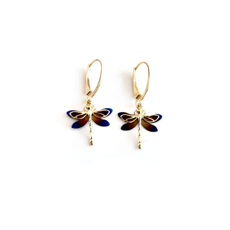 Kolczyki srebrne pozłacane ważki z niebieskimi kobaltowymi tęczowymi skrzydełkami z tytanu