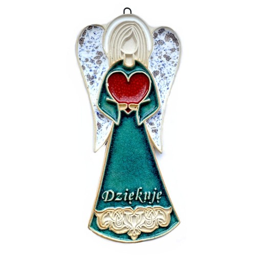 Figurka anioł turkusowy z czerwonym sercem i napisem dziękuję