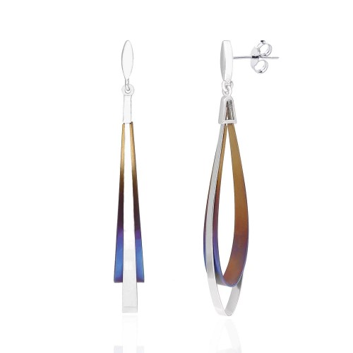 Długie srebrne wiszące eleganckie kolczyki z tytanowymi elementami 3D