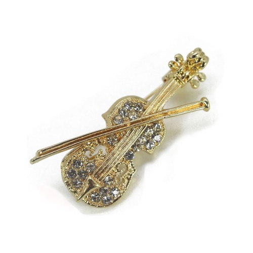 Przypinka broszka skrzypce. W kolorze złotym z cyrkoniami