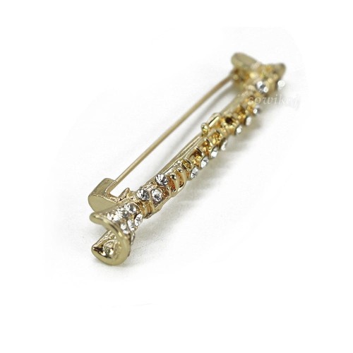 Piękna wąska pozłacana broszka w kształcie trąbki - klarnet broszka.