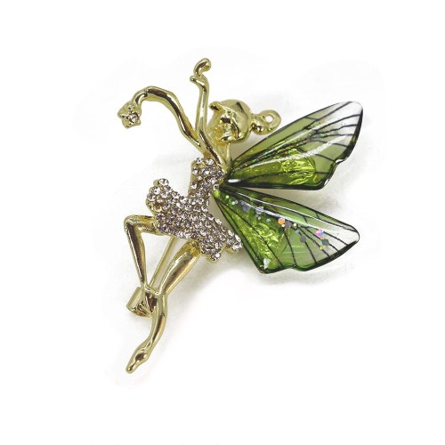 tancerka motyl, a może elf? Duża pozłacana broszka z zielonymi skrzydełkami