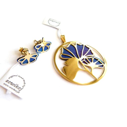 Dobre kolczyki wkrętki tytan i srebro pozłacane - liść miłorzębu - ginko miloba