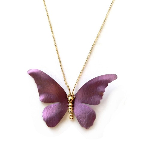 Motyl zawieszka na łańcuszku z tytanu opalizowanego termicznie na róż oraz srebro pozłacane