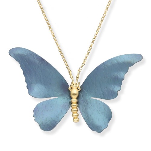 Srebrny pozłącany naszyjnik  wisior motyl tytanowy i pozłacane srebro na elementach ozdobnych oraz łańcuszek 45cm.