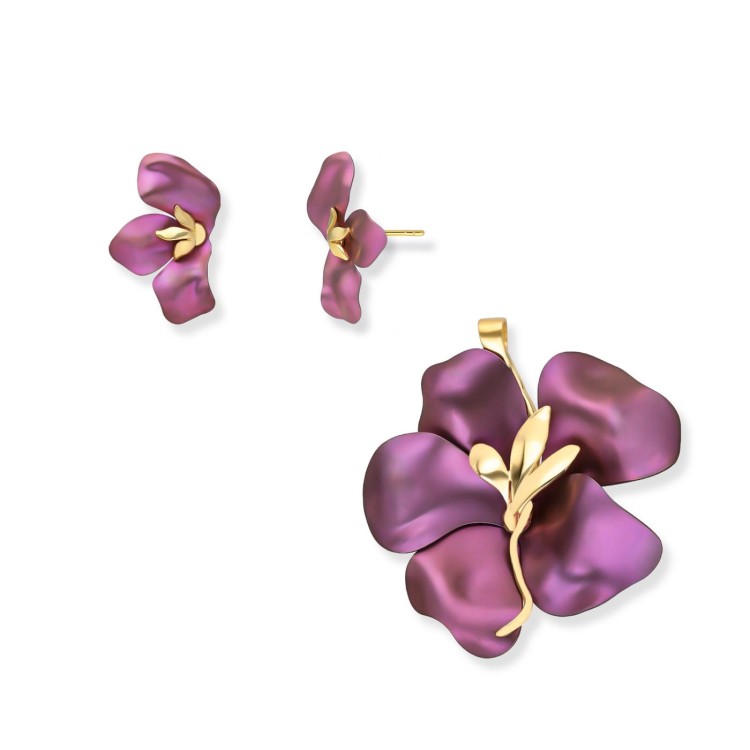 Kwiaty 3D komplet biżuterii srebrne pozłacanej z tytanem