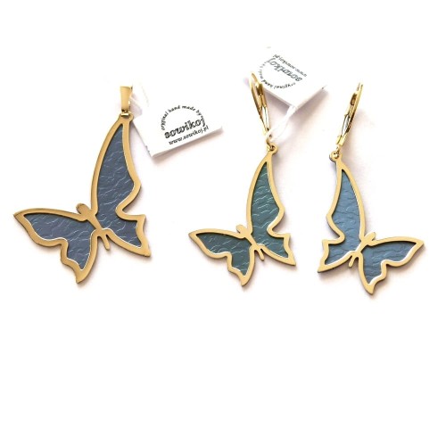 Motyle - komplet biżuterii srebrnej turkusowy tytan i srebro pozłacane