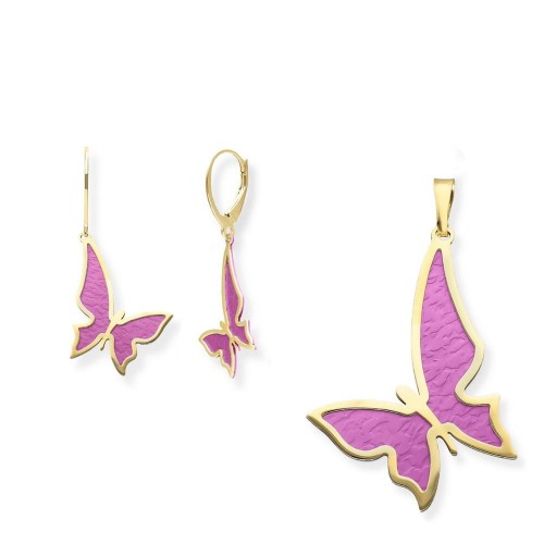 Liliowo różowe motyle - komplet biżuterii - wisiorek i kolczyki - tytan i pozłacane srebro