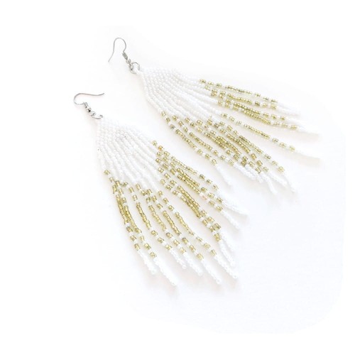 Długie wiszące kolczyki z koralików plecionych - Indiańskie białe