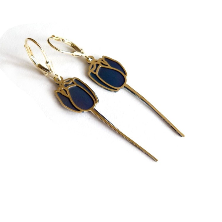 Tulipany - kolczyki srebrne pozłacane wiszące tulipany z chabrowym podbiciem z tatanu