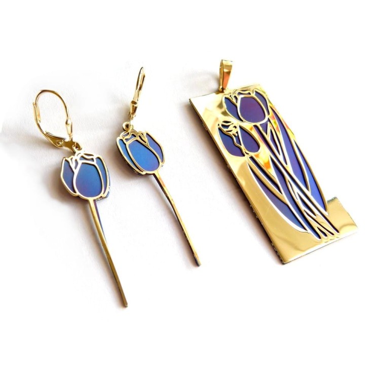 KOmplet biżuterii kolczyki i wisiorek srebro pozłacane z tytanem - opalizujacy kobaltowo niebieski kolor