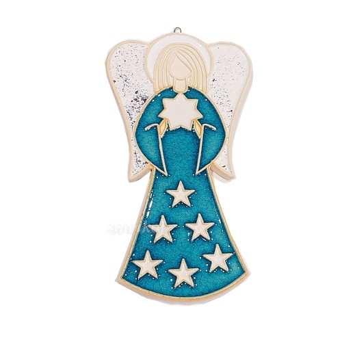 Anioł świąteczny w sukience w gwiazdki - ceramiczna figurka na prezent do powieszenia