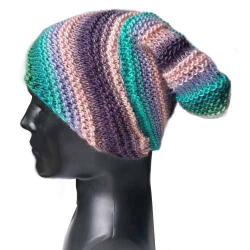 Szmaragdowo fioletowa czapka beanie w skośne paski - wełniana