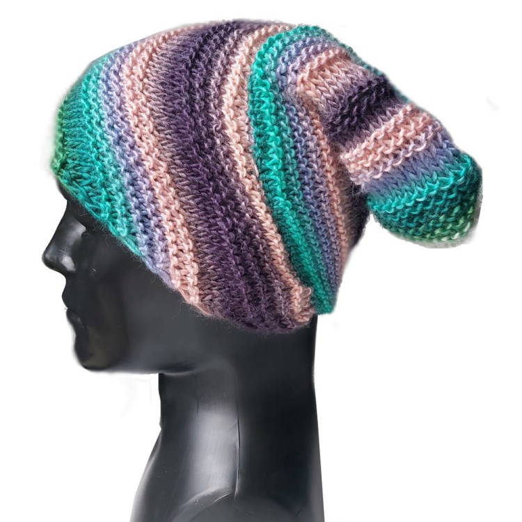 Szmaragdowo fioletowa czapka beanie w skośne paski - wełniana