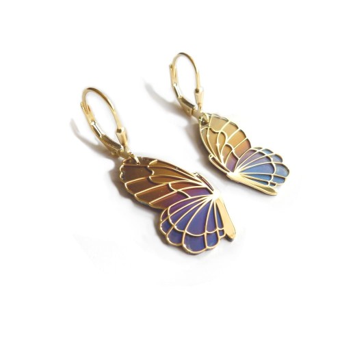 Tytan motyle kolczyki srebrne pozłacane wiszące o delikatnych opalizujących złotem i kobaltem skrzydłach