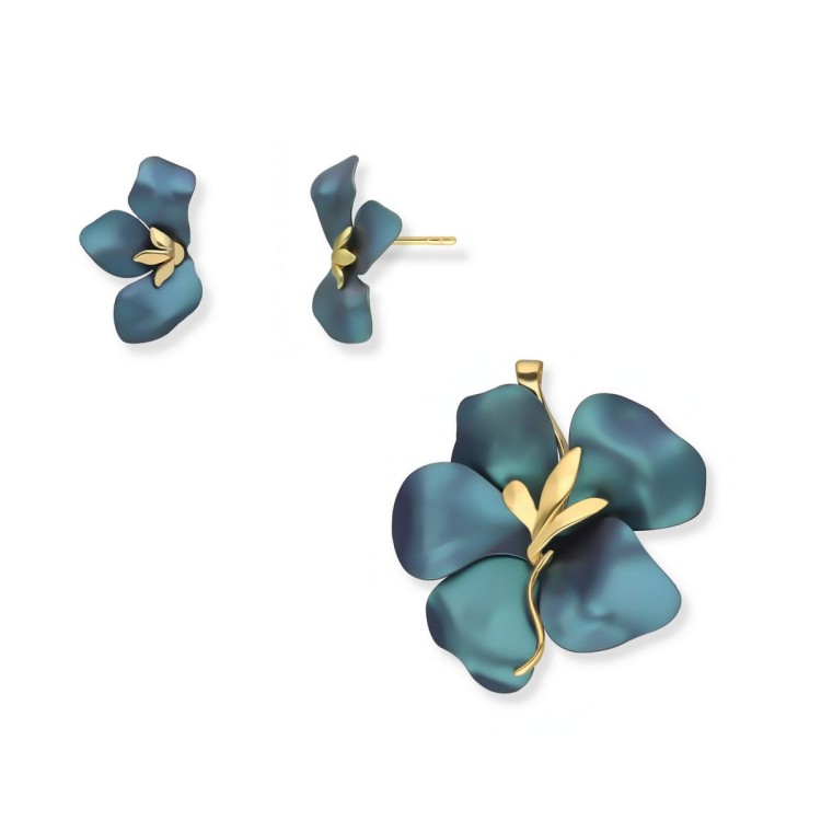 Turkusowe Kwiaty 3d biżuteria srebrna tytanowa pozłacana - srebro 925