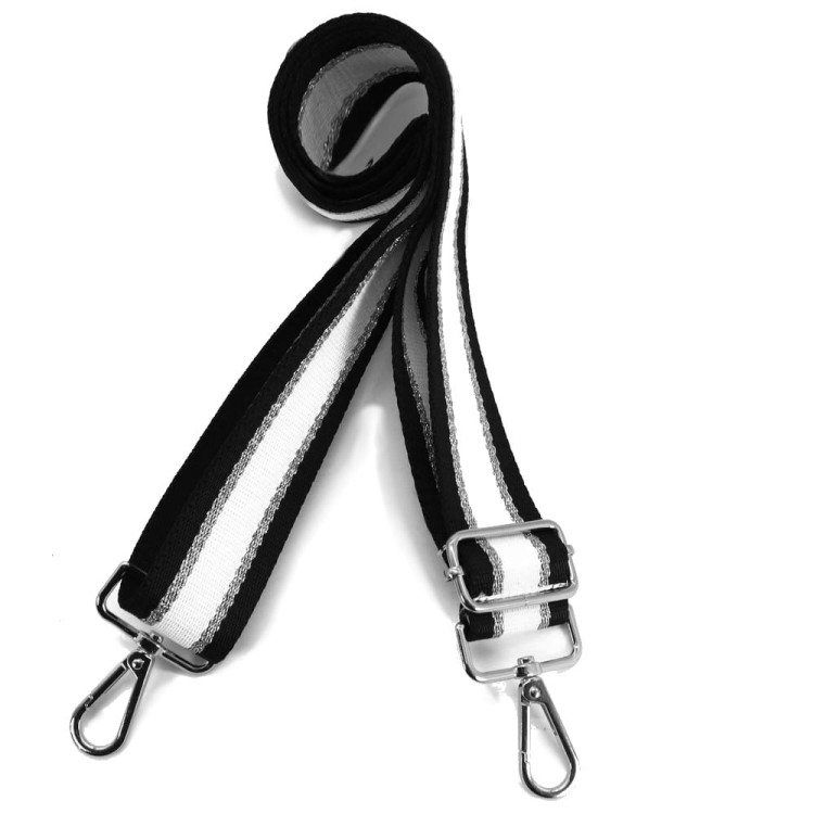 Pasek parciany do torebki czarny ze srebrnym i białym pasem